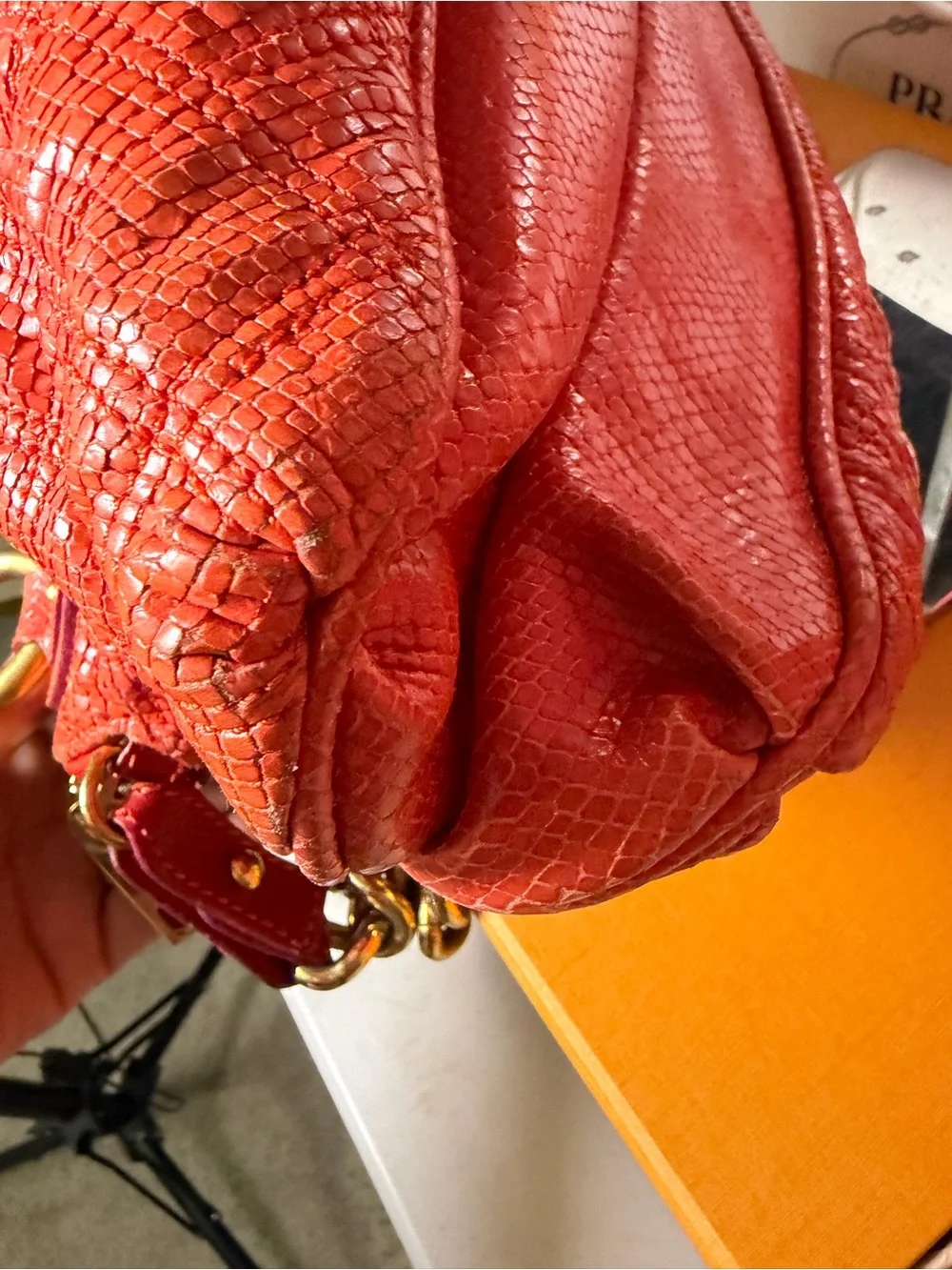 Marc Jacobs Embossed Python Leather Satchel – Coral Red